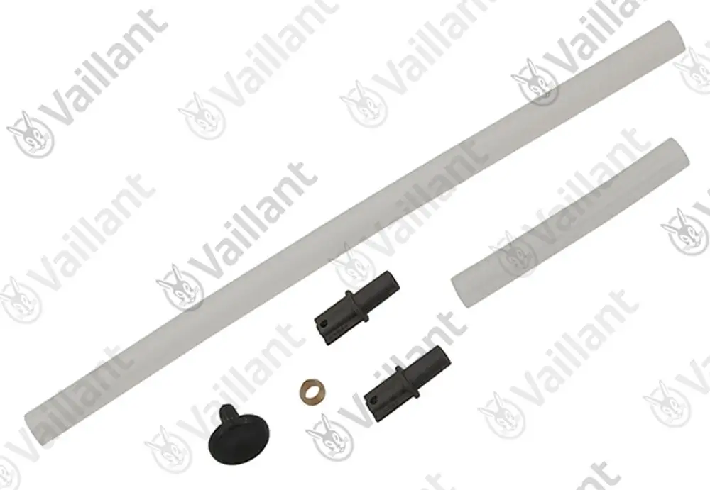 Vaillant Messnippel-Set mit zwei Schlauchstücken, einem Stopfen und einer Dichtung in neutralen Farben auf hellem Hintergrund.